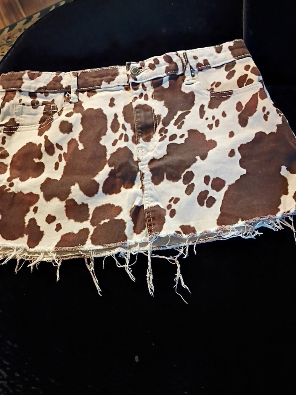 No Boundaries Brown and White Cow Print Distressed Mini Skirt